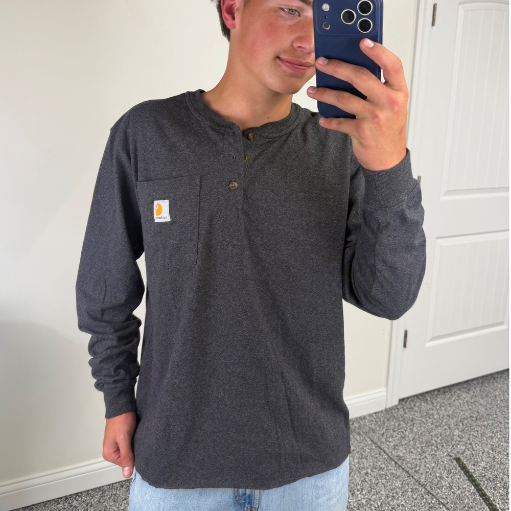 Vintage Y2K Carhartt Henley Shirt Mens Medium Gray Long Sleeve Cropped Relaxed